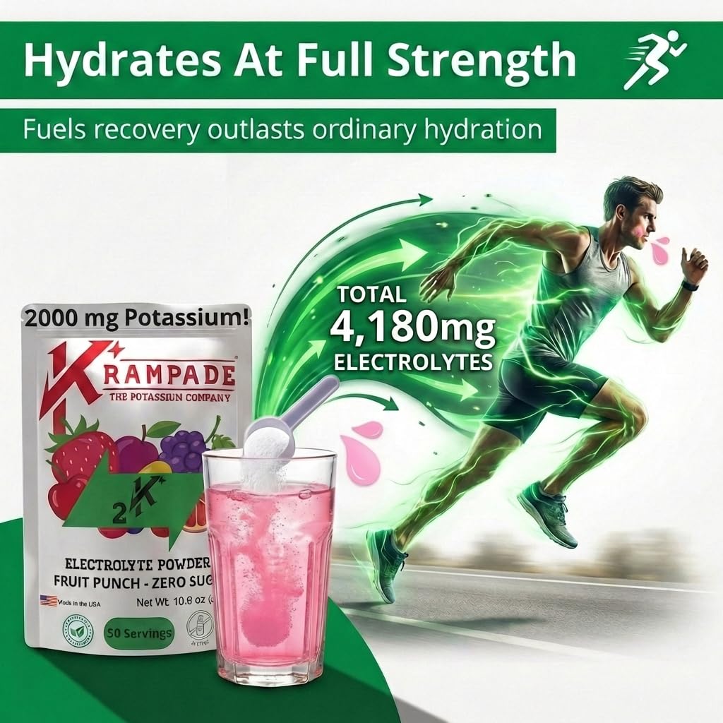 Krampade High Potassium Electrolytes Powder – Zero Sugar Fruit Punch, 50 Servings