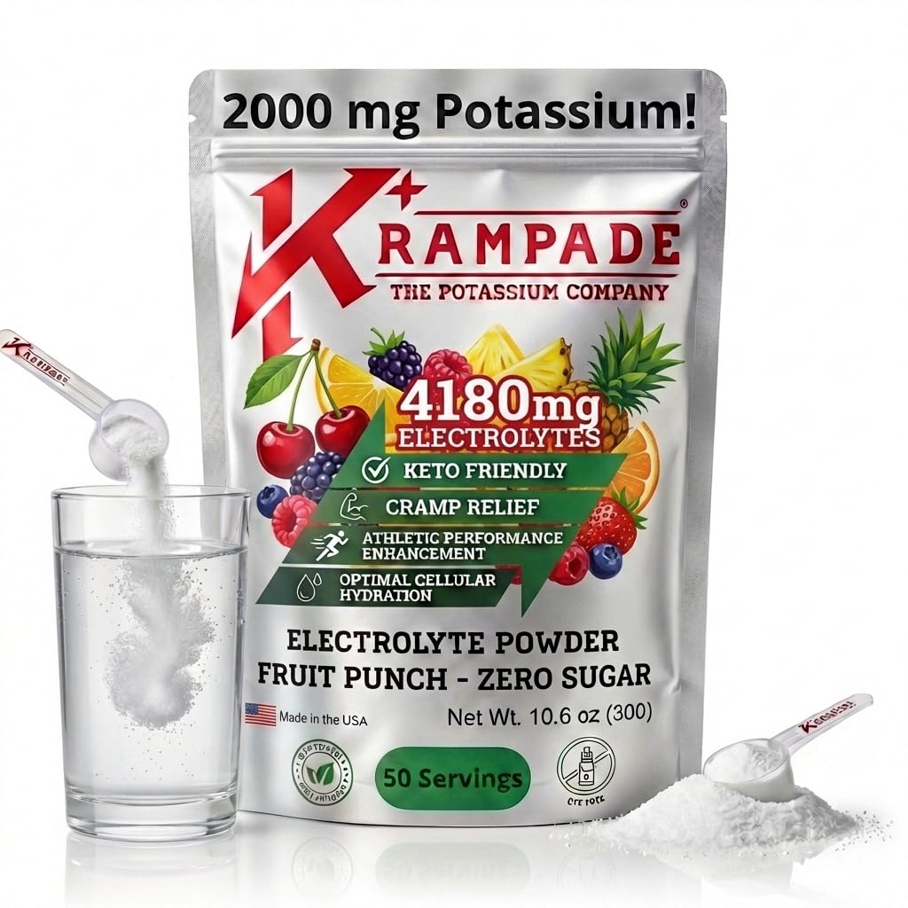 Krampade High Potassium Electrolytes Powder – Zero Sugar Fruit Punch, 50 Servings