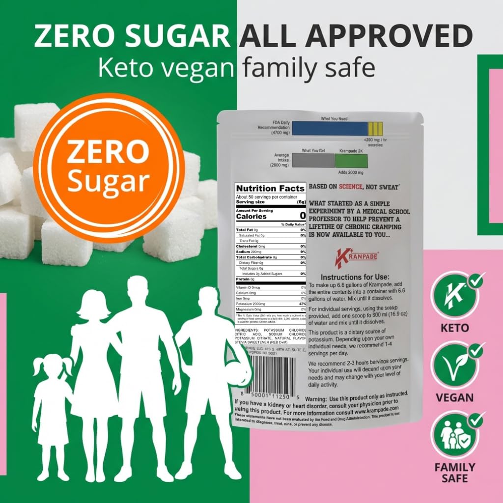 Krampade High Potassium Electrolytes Powder – Zero Sugar Fruit Punch, 50 Servings
