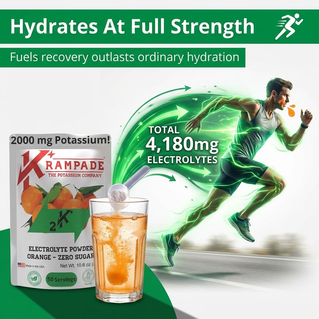 Krampade High Potassium Electrolytes Powder – Orange, Zero Sugar, 4180mg Electrolytes, 2000mg Potassium, 50 Servings