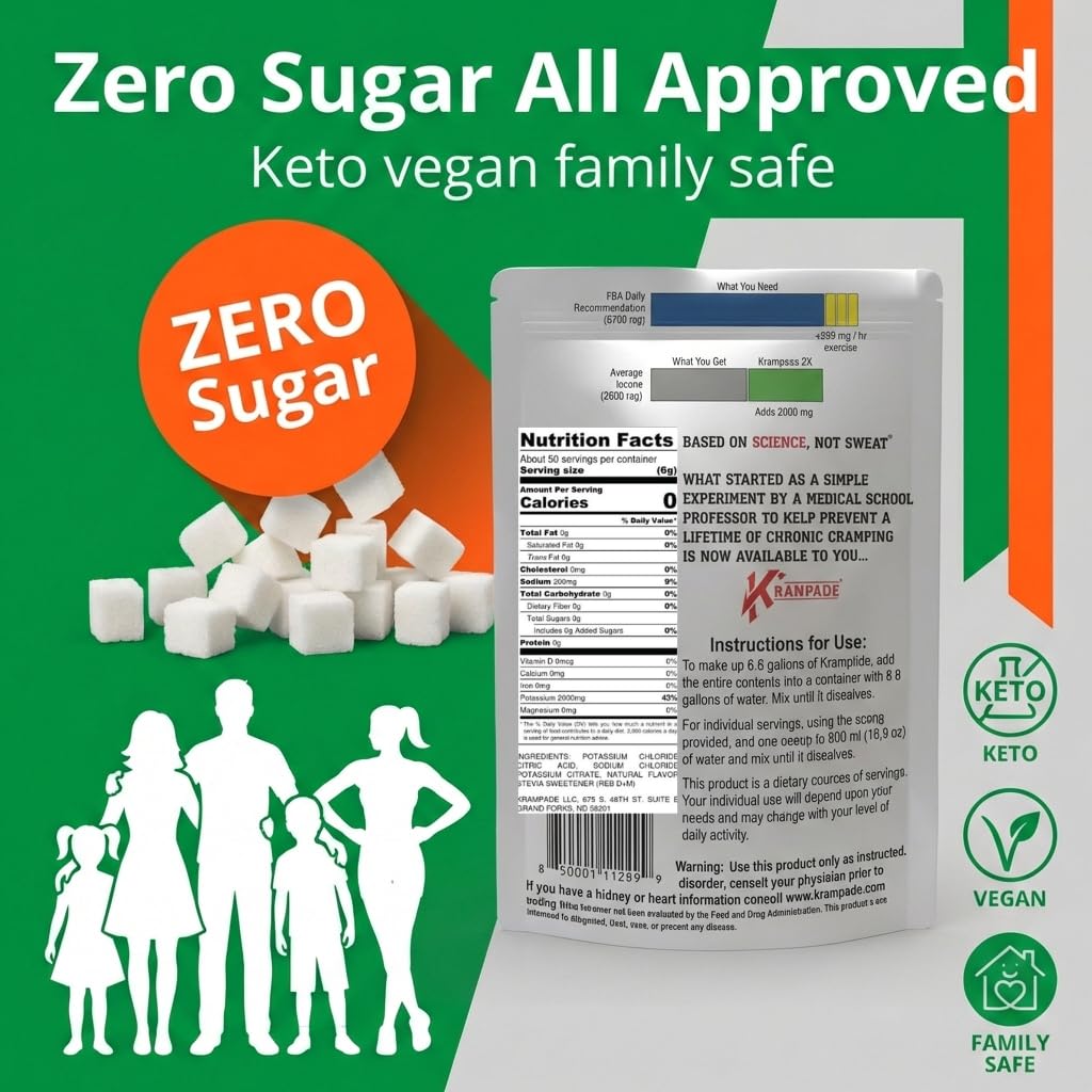 Krampade High Potassium Electrolytes Powder – Orange, Zero Sugar, 4180mg Electrolytes, 2000mg Potassium, 50 Servings