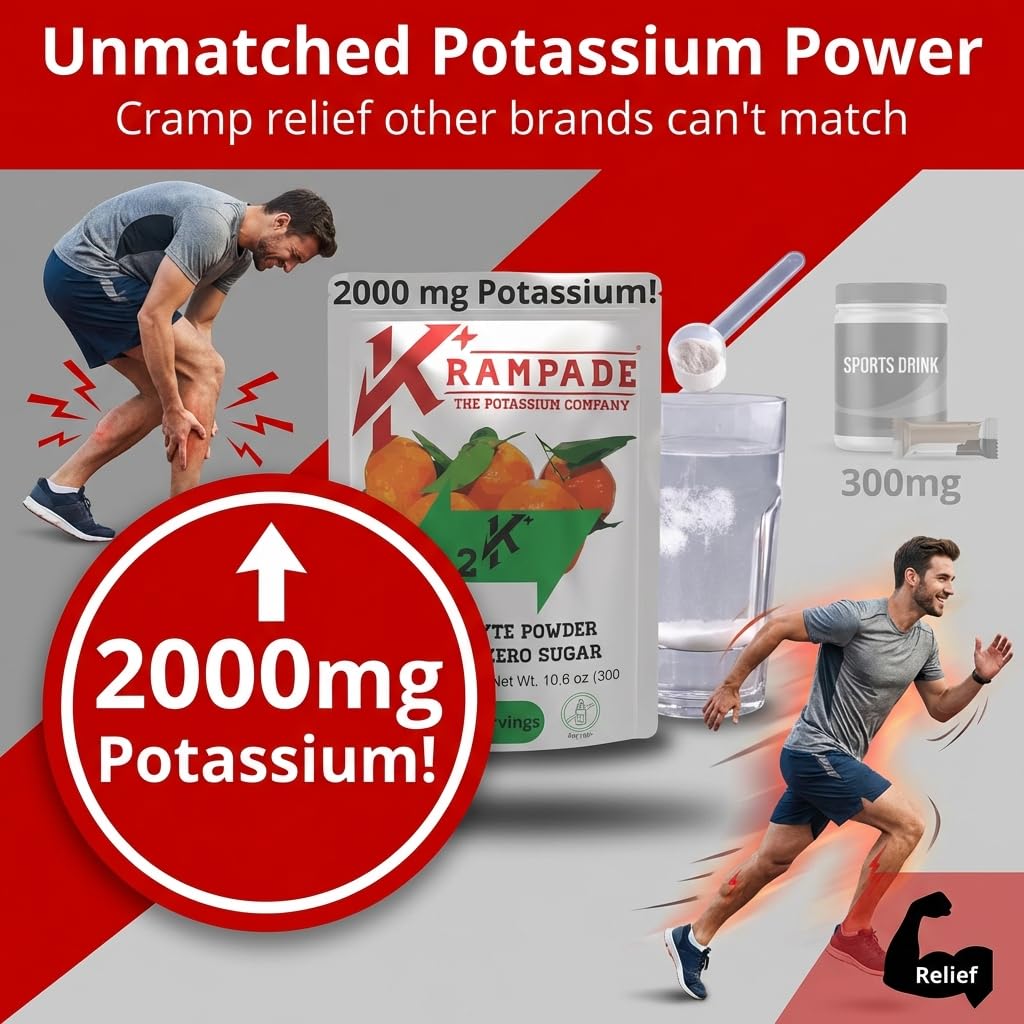 Krampade High Potassium Electrolytes Powder – Orange, Zero Sugar, 4180mg Electrolytes, 2000mg Potassium, 50 Servings