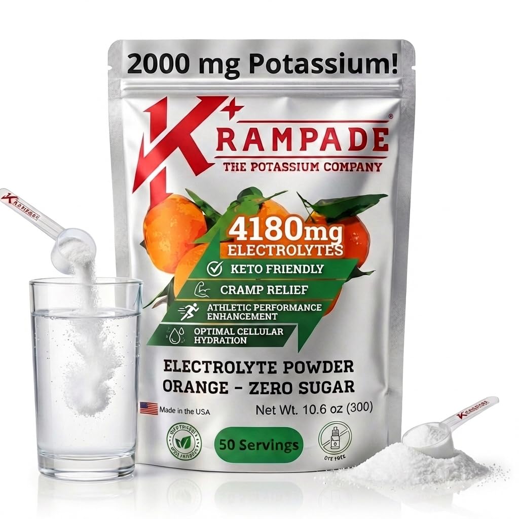 Krampade High Potassium Electrolytes Powder – Orange, Zero Sugar, 4180mg Electrolytes, 2000mg Potassium, 50 Servings