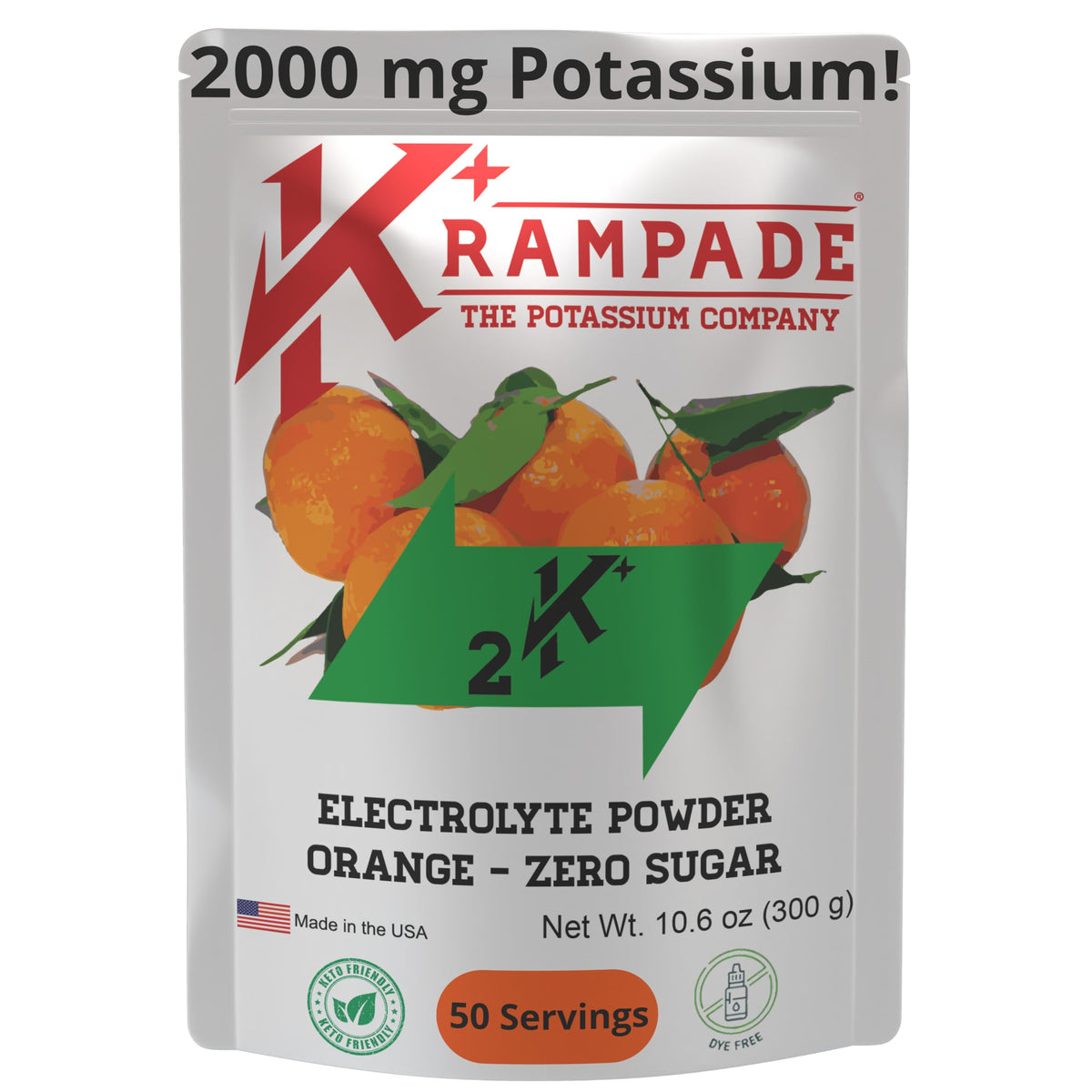 Krampade High Potassium Electrolytes Powder – Orange, Zero Sugar, 4180mg Electrolytes, 2000mg Potassium, 50 Servings