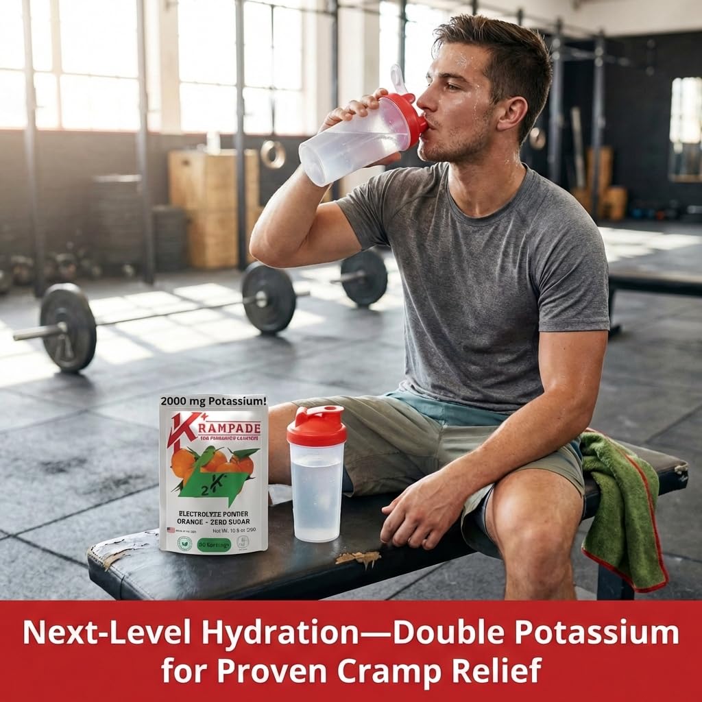 Krampade High Potassium Electrolytes Powder – Orange, Zero Sugar, 4180mg Electrolytes, 2000mg Potassium, 50 Servings