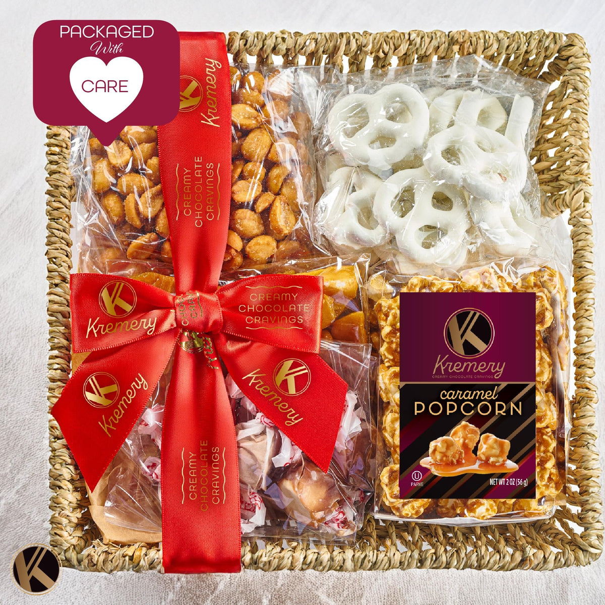 Kremery Creamy Chocolate Cravings Gift Basket – Seagrass Tray 1.5 lb | Nut Cravings