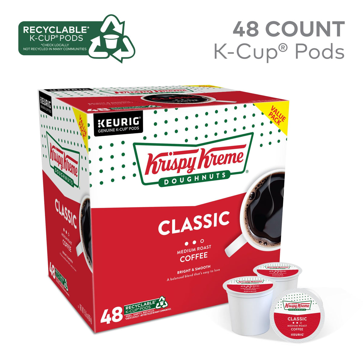 Krispy Kreme Doughnuts Classic Coffee K-Cup Pods – Medium Roast, 48 Count