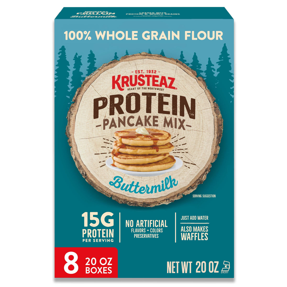 Krusteaz Protein Buttermilk Pancake & Waffle Mix – 15g Protein per Serving (20 oz Box, Pack of 8)