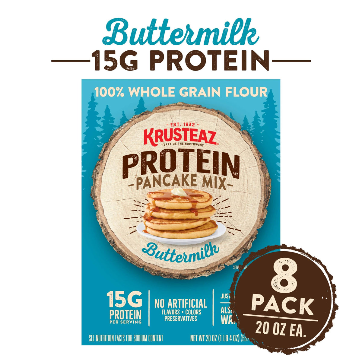 Krusteaz Protein Buttermilk Pancake & Waffle Mix – 15g Protein per Serving (20 oz Box, Pack of 8)