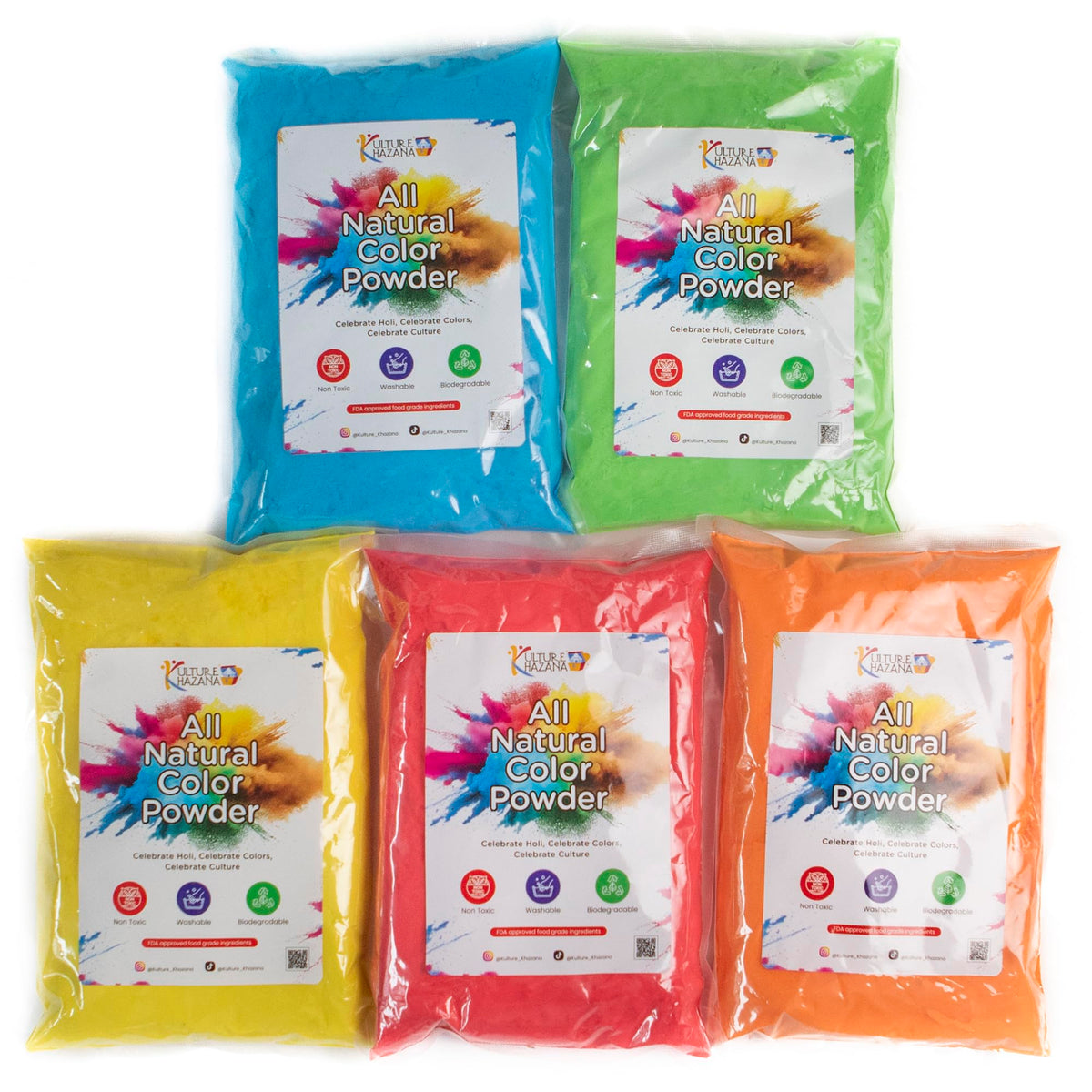 Kulture Khazana Holi Color Powder – 1lb Bags, 5 Pack – All-Natural, Washable, Non-Toxic