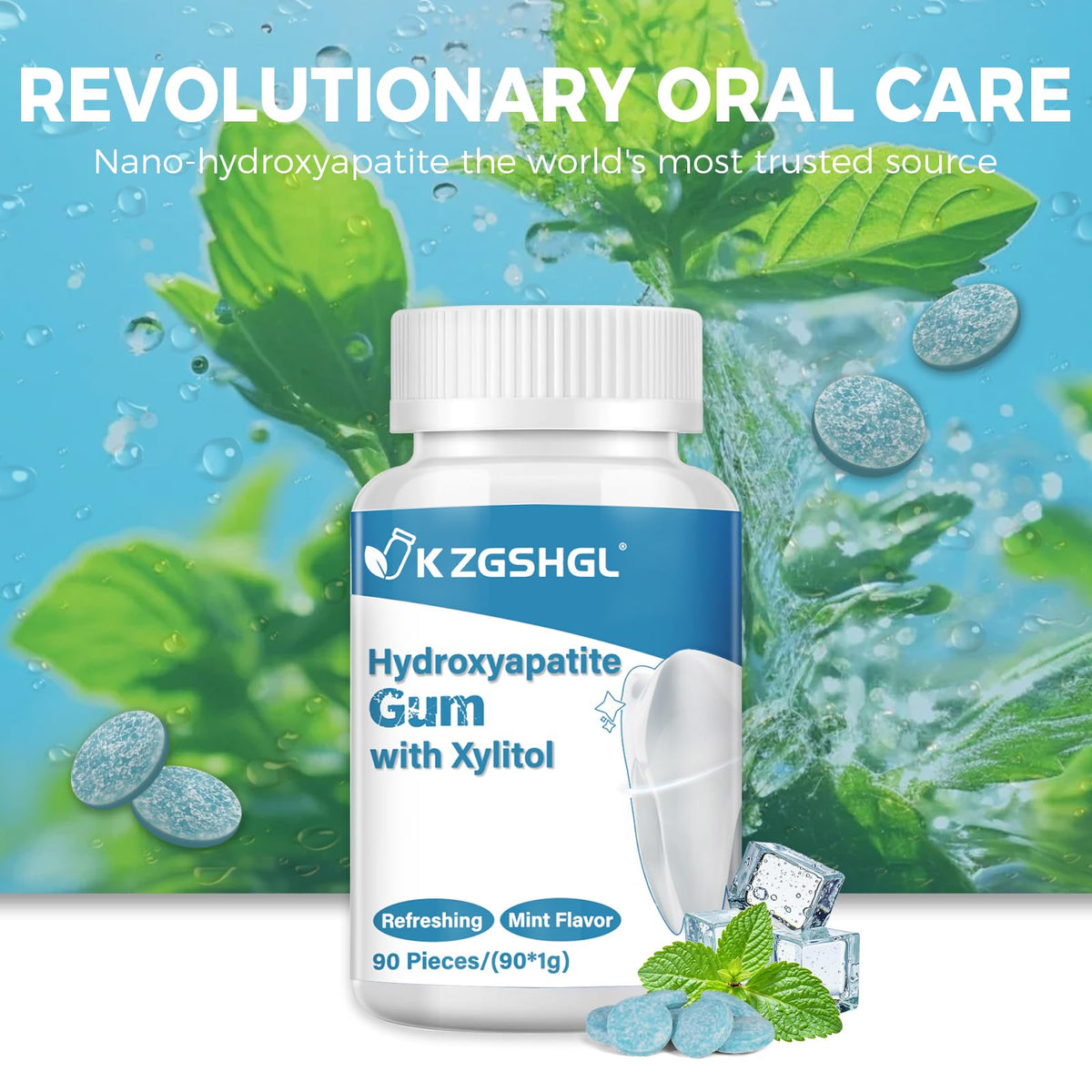 K ZGSHGL Remineralizing Gum with Hydroxyapatite & Xylitol — 90 Pieces, Sugar-Free Mint