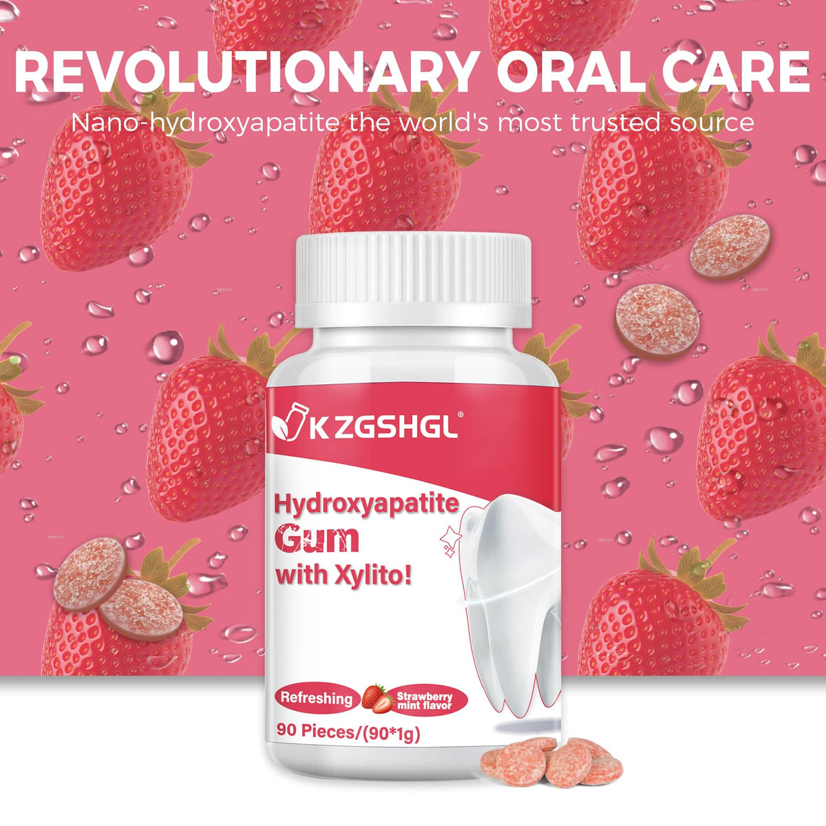 K ZGSHGL Hydroxyapatite Gum | Sugar-Free Strawberry with Xylitol, 90 Pcs for Enamel Health