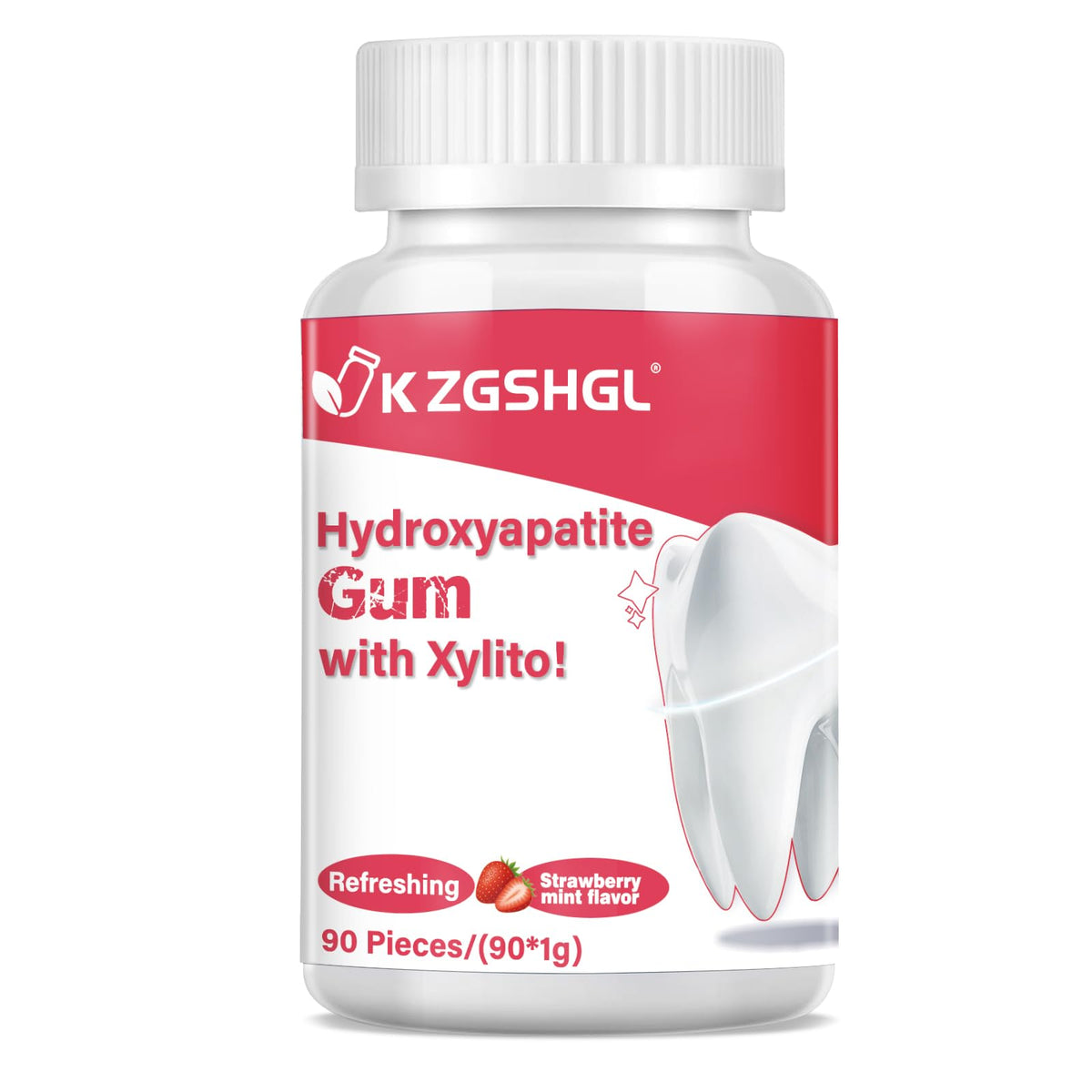 K ZGSHGL Hydroxyapatite Gum | Sugar-Free Strawberry with Xylitol, 90 Pcs for Enamel Health