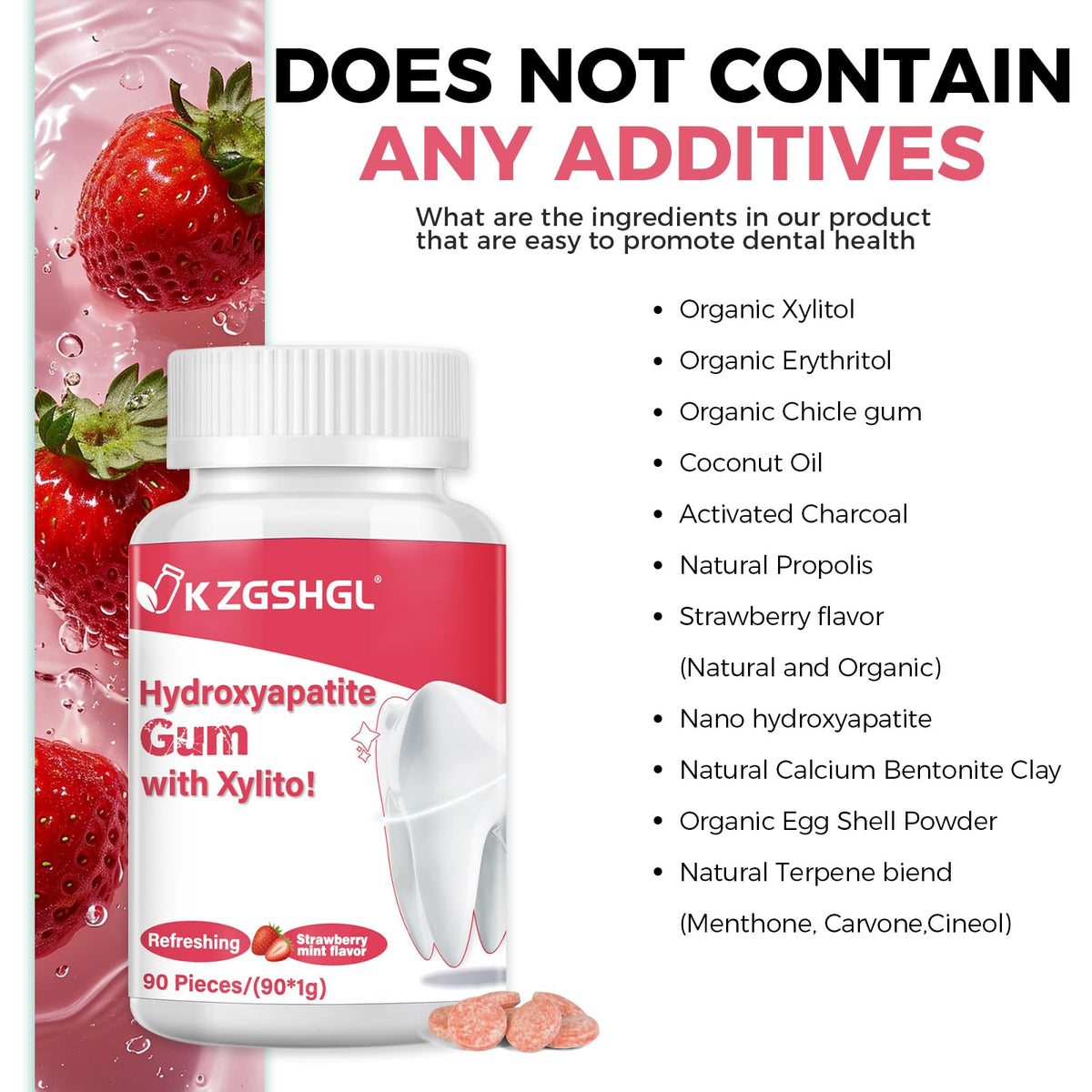 K ZGSHGL Hydroxyapatite Gum | Sugar-Free Strawberry with Xylitol, 90 Pcs for Enamel Health