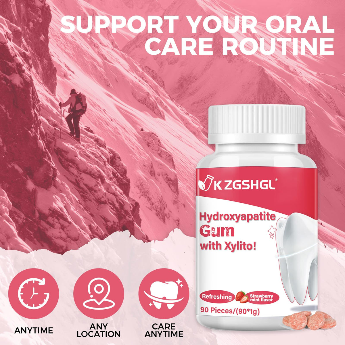 K ZGSHGL Hydroxyapatite Gum | Sugar-Free Strawberry with Xylitol, 90 Pcs for Enamel Health
