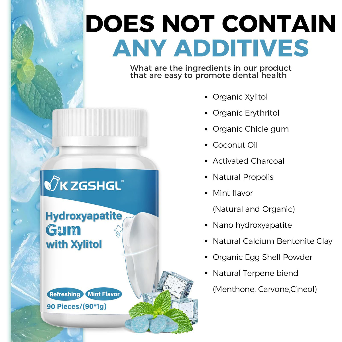 K ZGSHGL Remineralizing Gum with Hydroxyapatite & Xylitol — 90 Pieces, Sugar-Free Mint