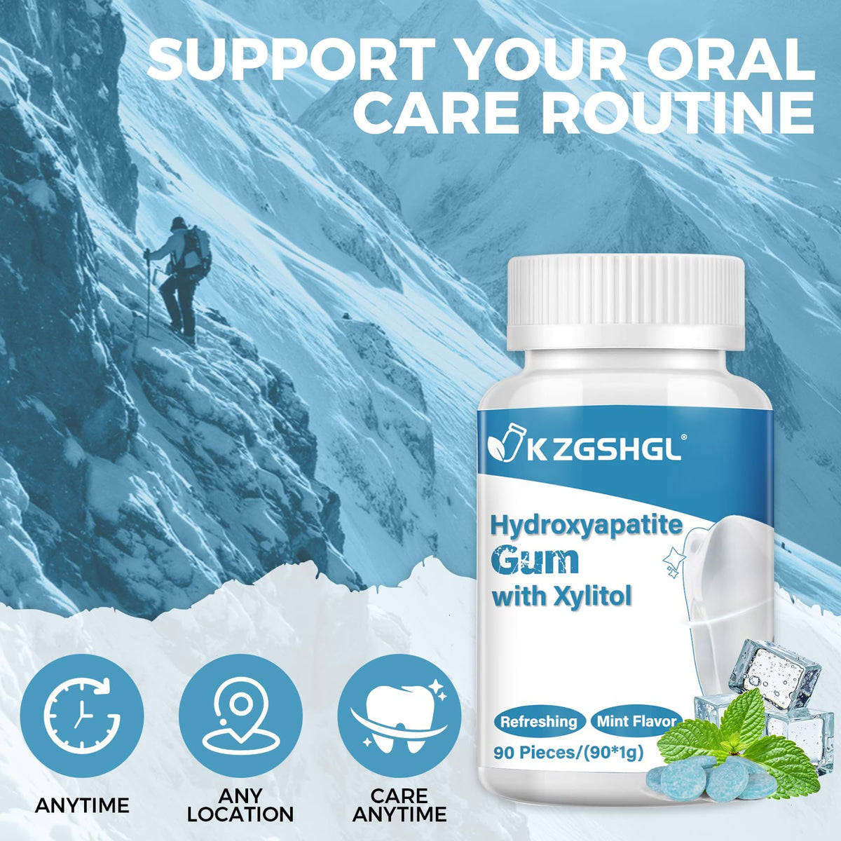 K ZGSHGL Remineralizing Gum with Hydroxyapatite & Xylitol — 90 Pieces, Sugar-Free Mint