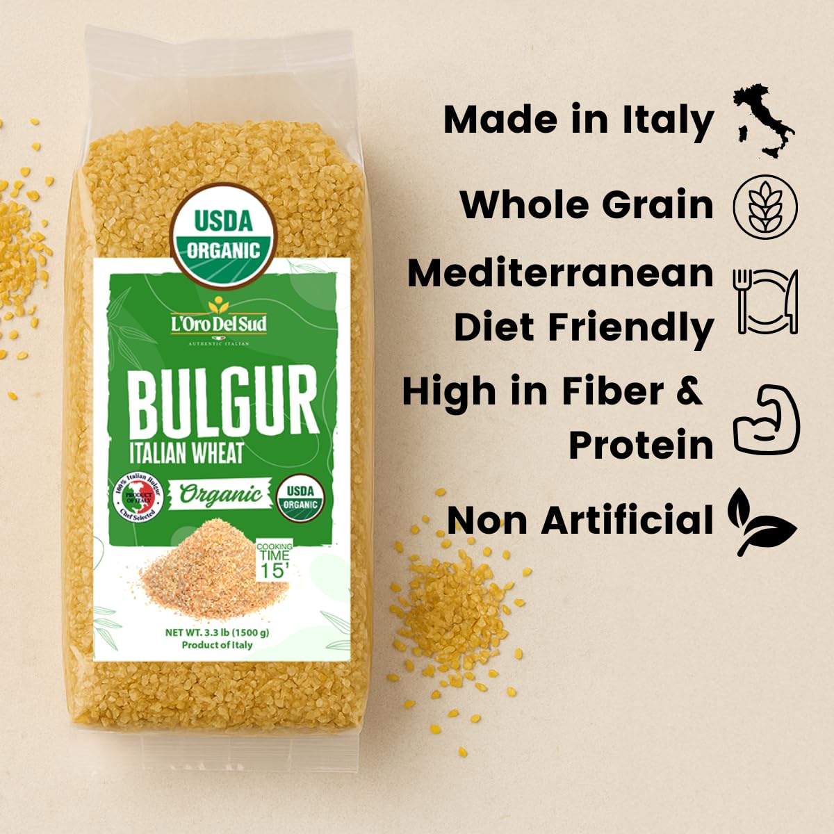 L'Oro Del Sud Organic Bulgur Wheat 3.3 lb – Italian Burghul for Tabbouleh