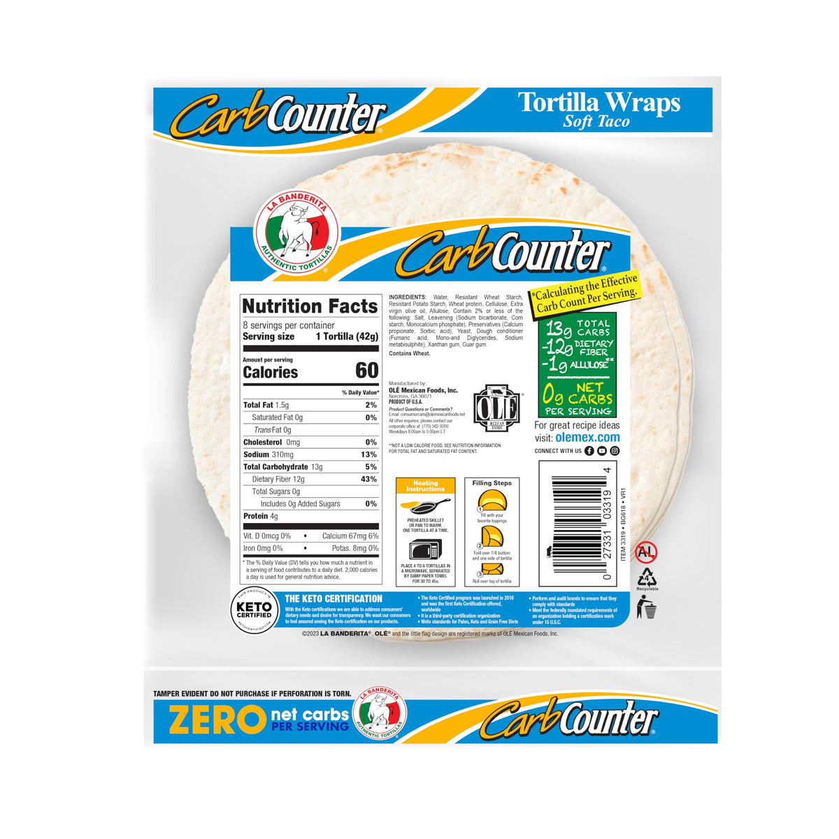 La Banderita Carb Counter ZERO Net Carbs - 8\" Flour Tortillas | Keto Certified | Pack of 4 (32 Wraps)