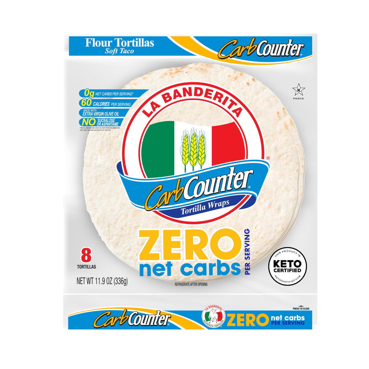 La Banderita Carb Counter ZERO Net Carbs - 8\" Flour Tortillas | Keto Certified | Pack of 4 (32 Wraps)