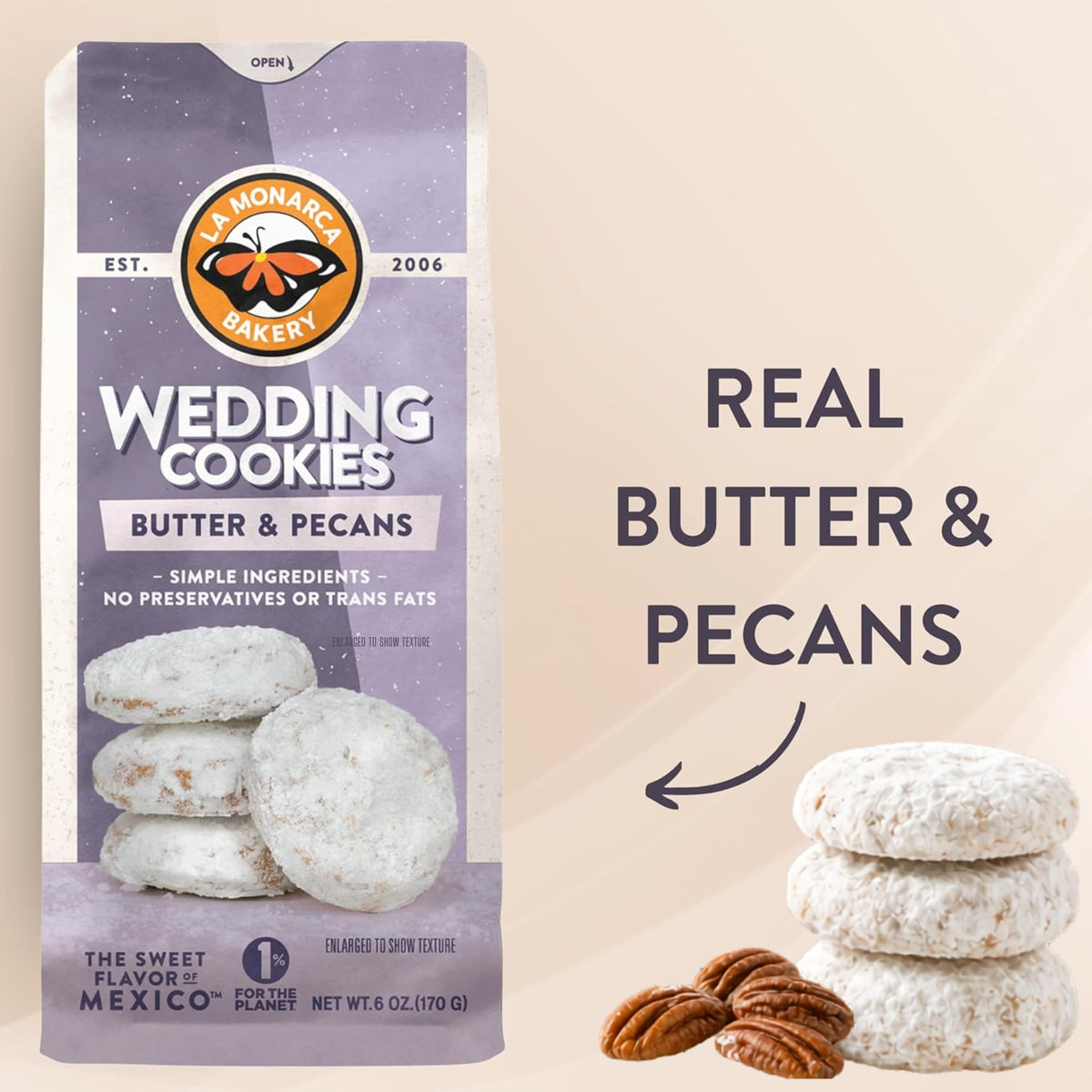La Monarca Bakery Mexican Wedding Cookies – 1lb Pack (2 Bags) with Pecans