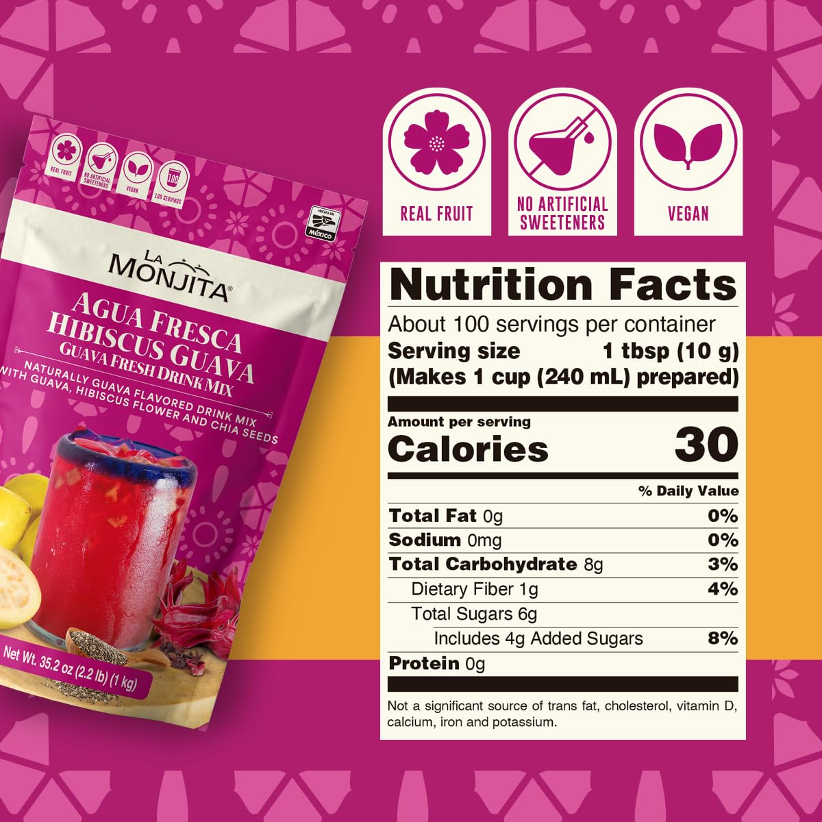 La Monjita Agua Fresca Hibiscus Guava Drink Mix – 50 Servings, Real Hibiscus, Guava & Chia Seeds