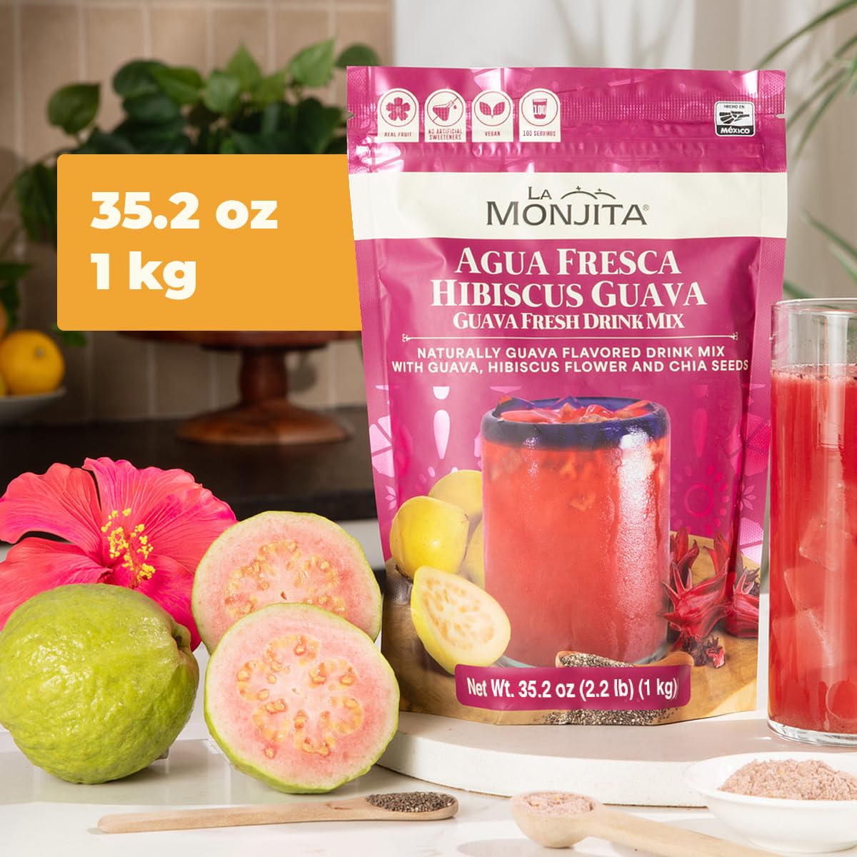 La Monjita Agua Fresca Hibiscus Guava Drink Mix – 50 Servings, Real Hibiscus, Guava & Chia Seeds