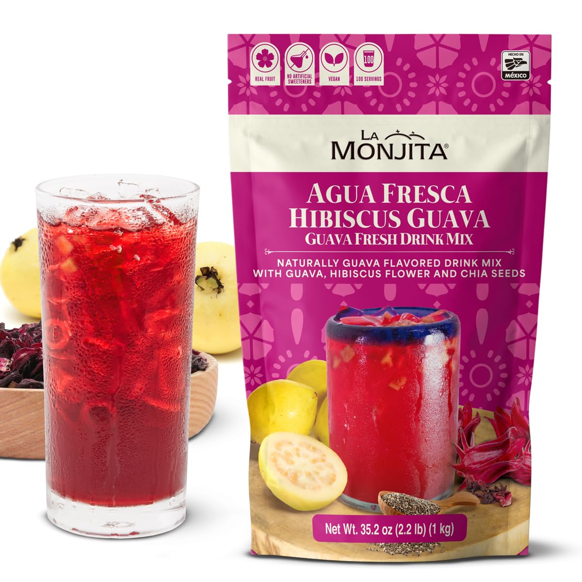 La Monjita Agua Fresca Hibiscus Guava Drink Mix – 50 Servings, Real Hibiscus, Guava & Chia Seeds