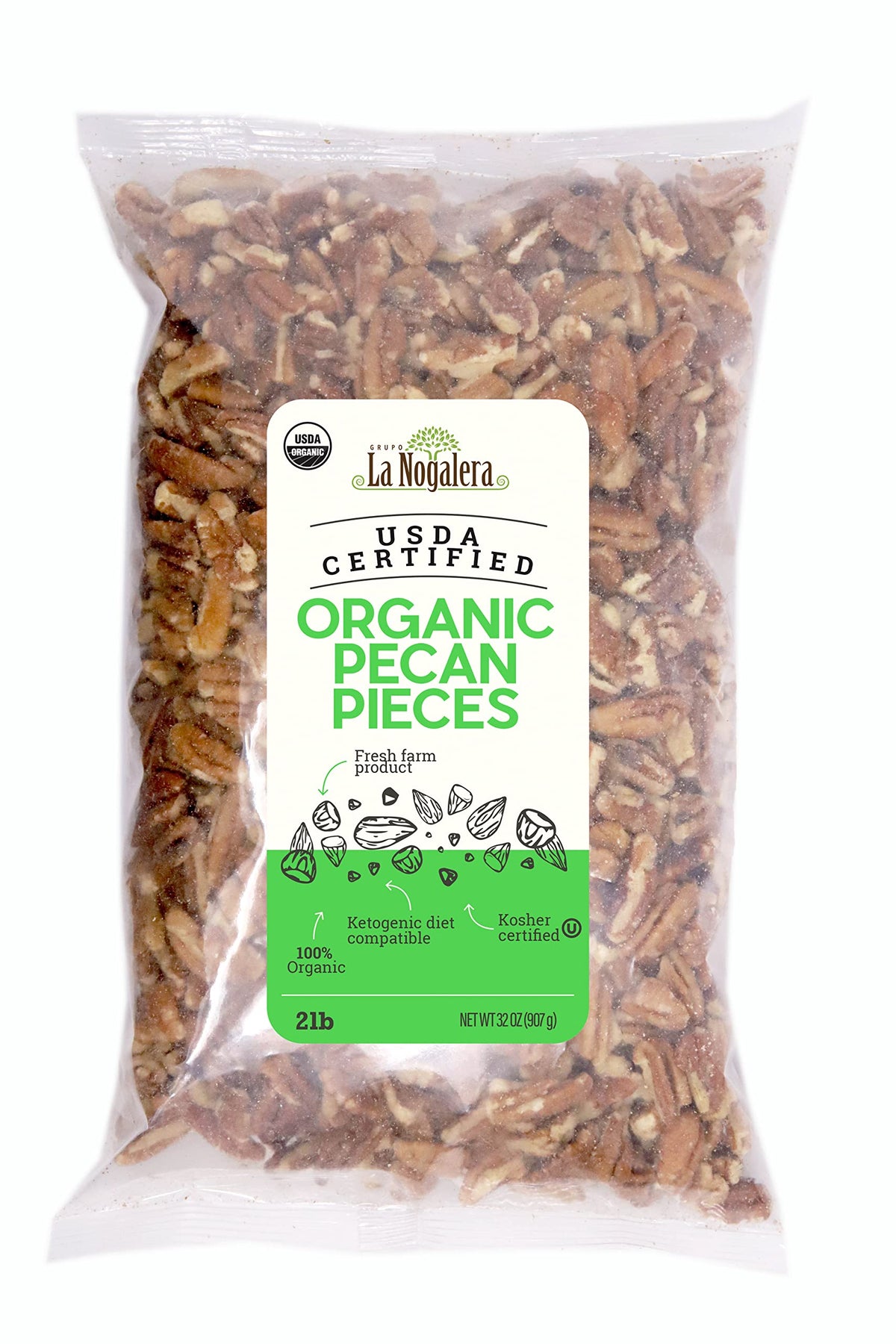 La Nogalera Organic Pecan Pieces – 2 lb Bag | USDA & CCOF Certified, Non-GMO, Kosher & Halal