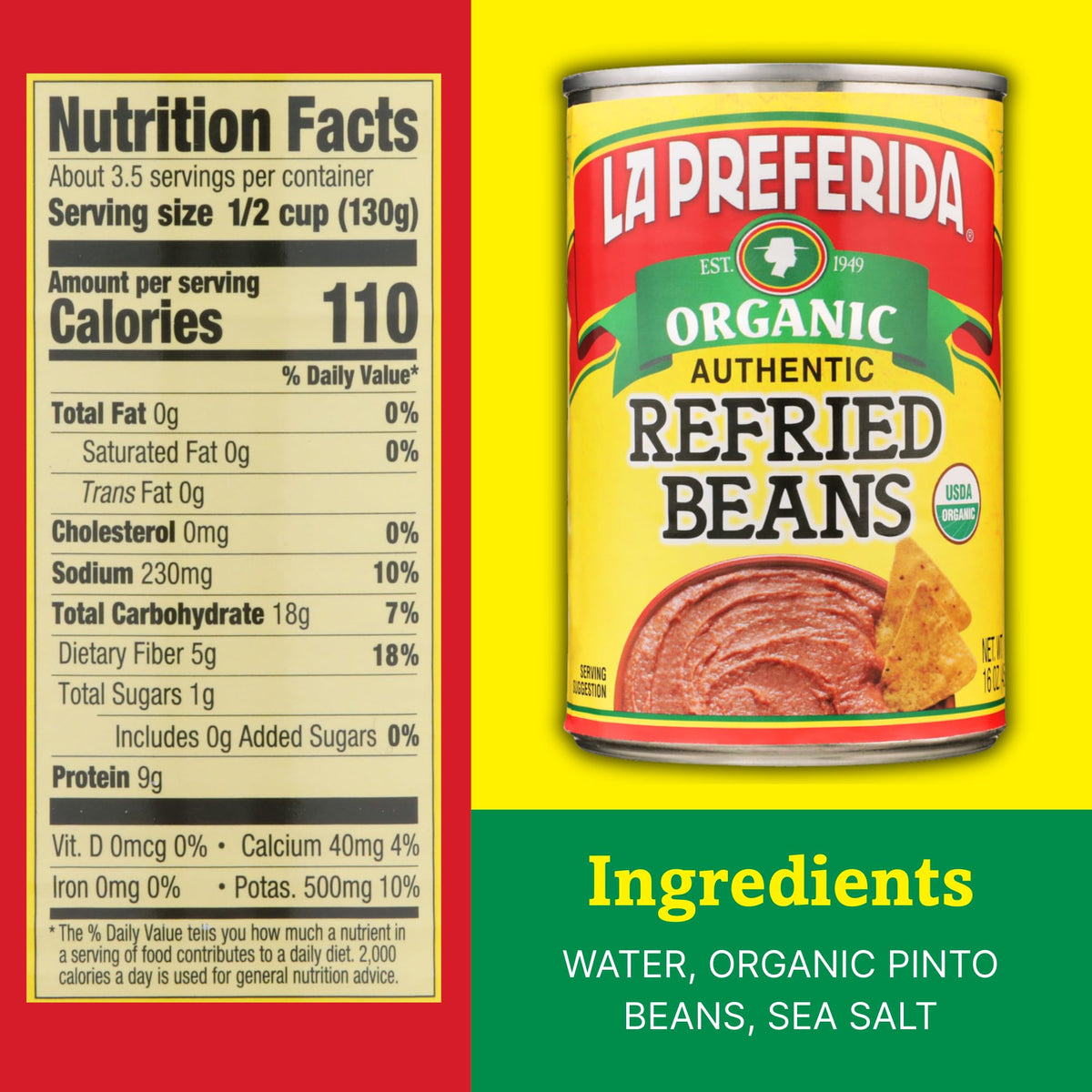 La Preferida Organic Refried Beans, 15 oz (Pack of 6) | Vegan & Kosher
