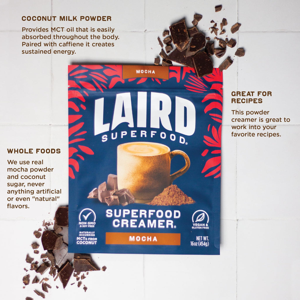 Laird Superfood Mocha Non-Dairy Coffee Creamer Powder – Shelf-Stable, Vegan & Gluten Free