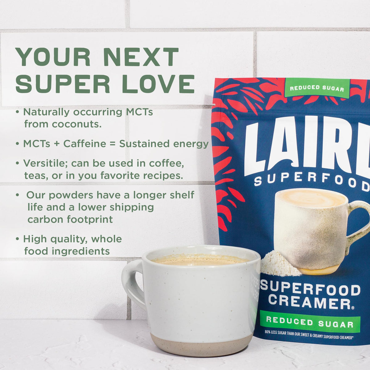 Laird Superfood Non-Dairy Reduced Sugar Powder Coffee Creamer - 16 oz Bag, Vegan, Keto, Gluten Free
