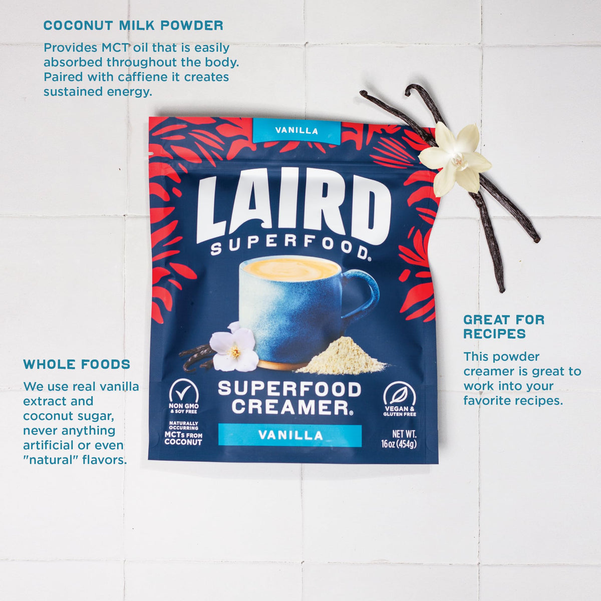 Laird Superfood Non-Dairy Original Vanilla Coconut Powder Coffee Creamer, Gluten Free, Vegan, 16 oz, Pack of 1