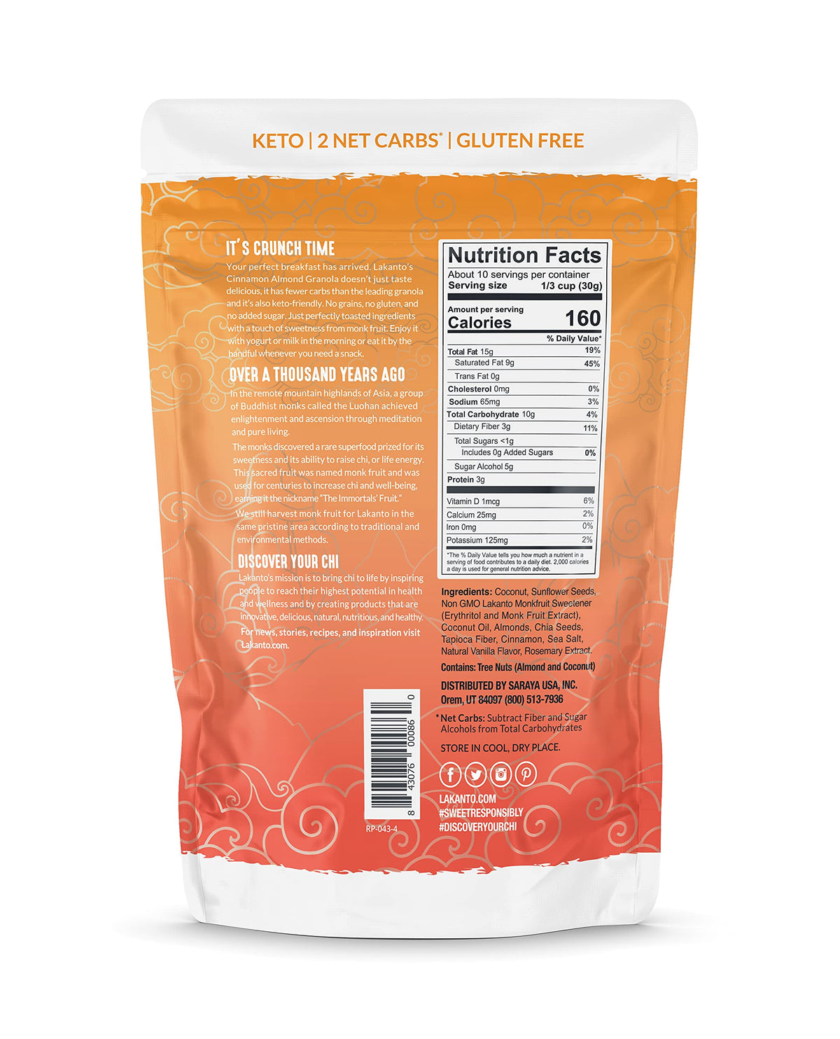 Lakanto Cinnamon Almond Crunch Granola — Monk Fruit Sweetened, Keto Friendly, No Sugar Added, Gluten Free | 25 oz