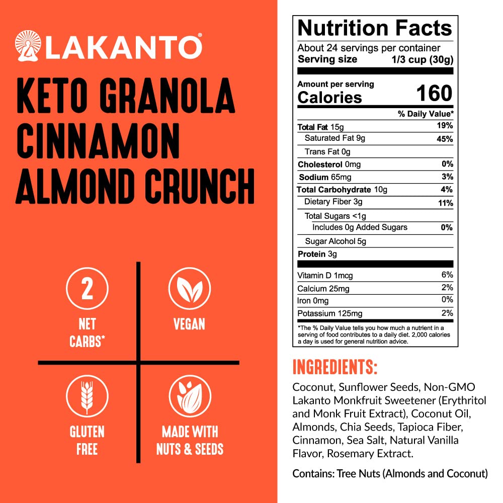 Lakanto Cinnamon Almond Crunch Granola — Monk Fruit Sweetened, Keto Friendly, No Sugar Added, Gluten Free | 25 oz