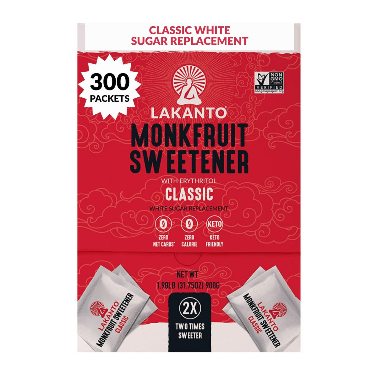 Lakanto Classic Monk Fruit Sweetener with Erythritol Packets – 300 Count, 2x Sweetness