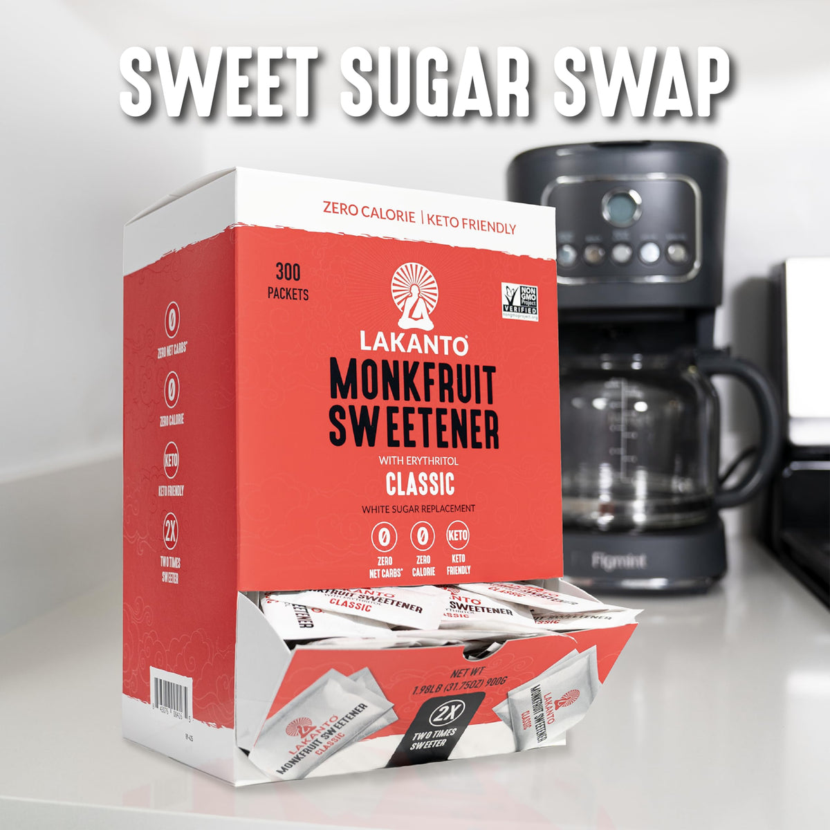 Lakanto Classic Monk Fruit Sweetener with Erythritol Packets – 300 Count, 2x Sweetness