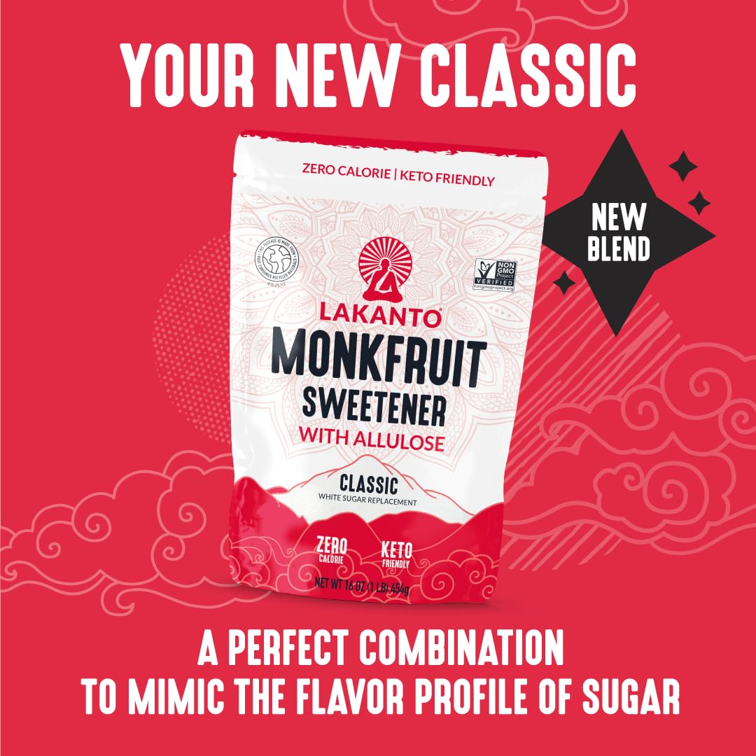 Lakanto Classic Monk Fruit Sweetener with Allulose – Zero Calorie Sugar Substitute for Baking, Coffee & Tea | Gluten Free, Keto
