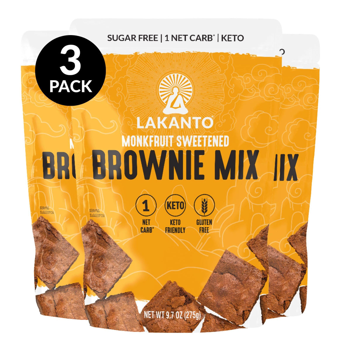 Lakanto Sugar Free Brownie Mix – Keto, Gluten Free, Monk Fruit Sweetened, 3g Net Carbs, Pack of 3