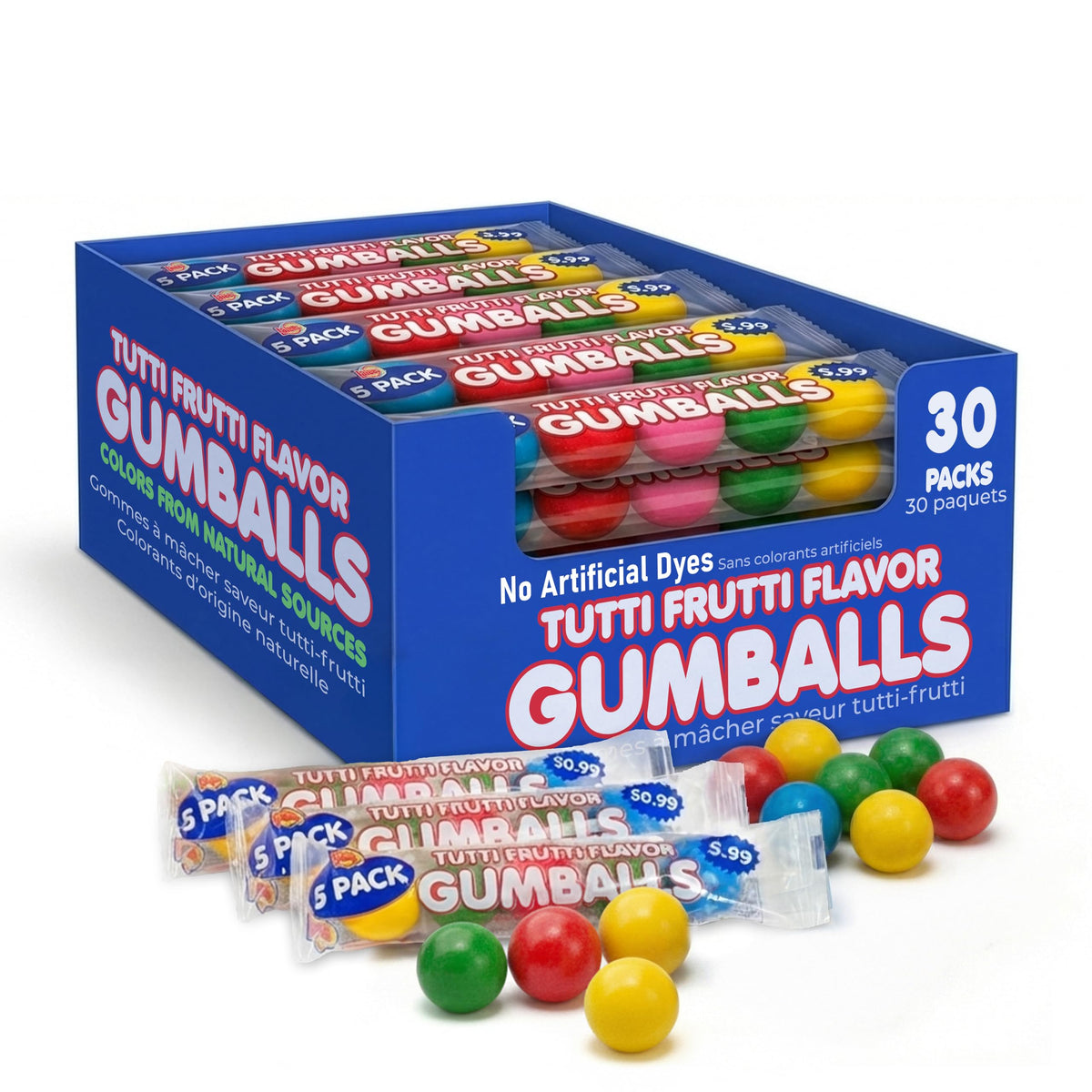 Lalees Bulk Gumballs – No Artificial Dyes, 30 Tubes, Rainbow Tutti Frutti Flavors