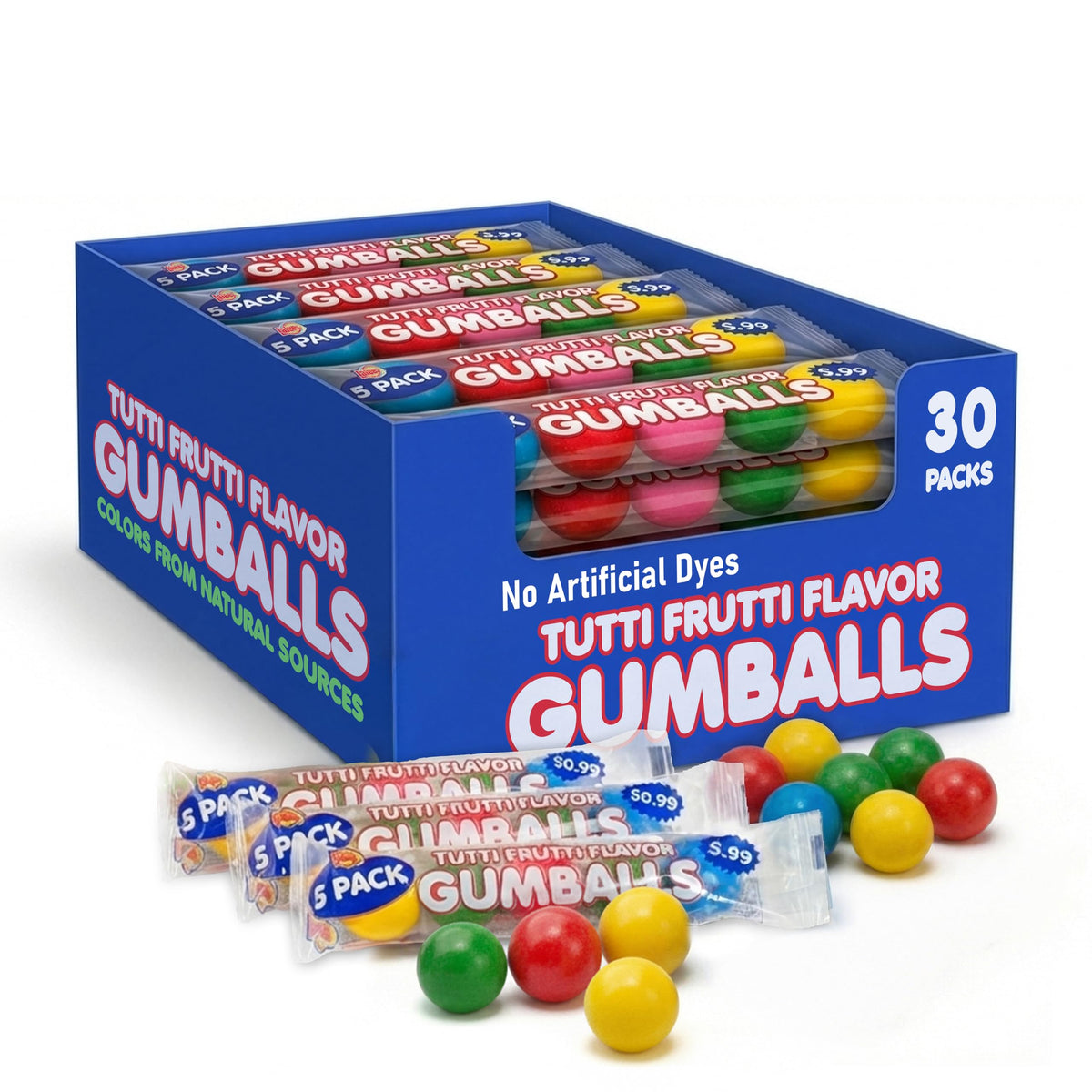 Lalees Bulk Gumballs – No Artificial Dyes, 30 Tubes, Rainbow Tutti Frutti Flavors
