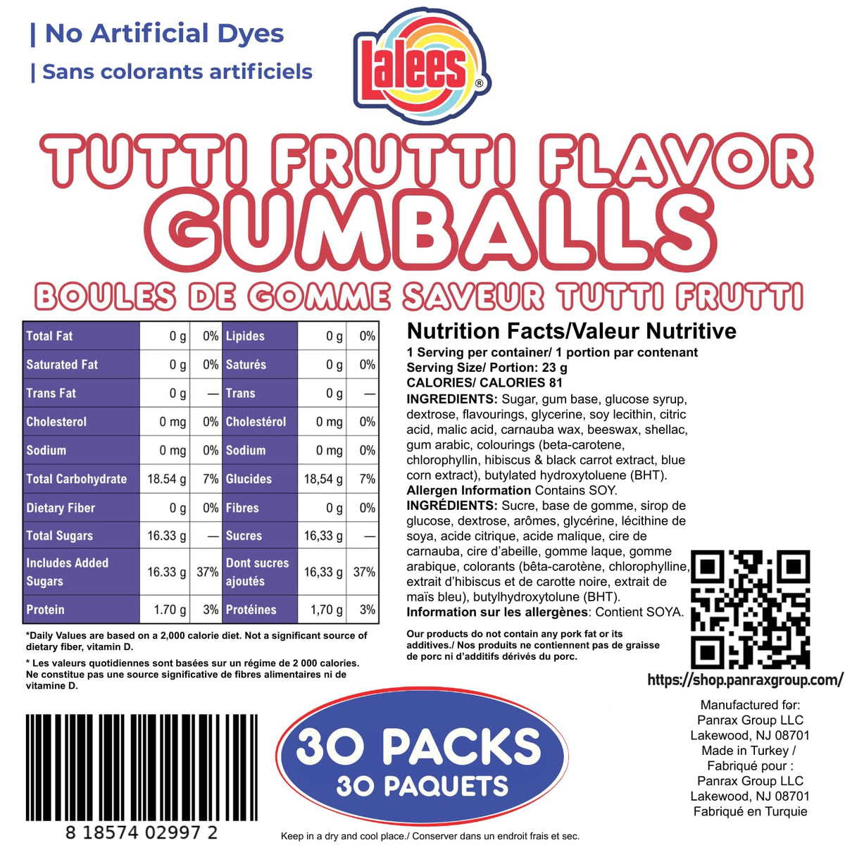 Lalees Bulk Gumballs – No Artificial Dyes, 30 Tubes, Rainbow Tutti Frutti Flavors