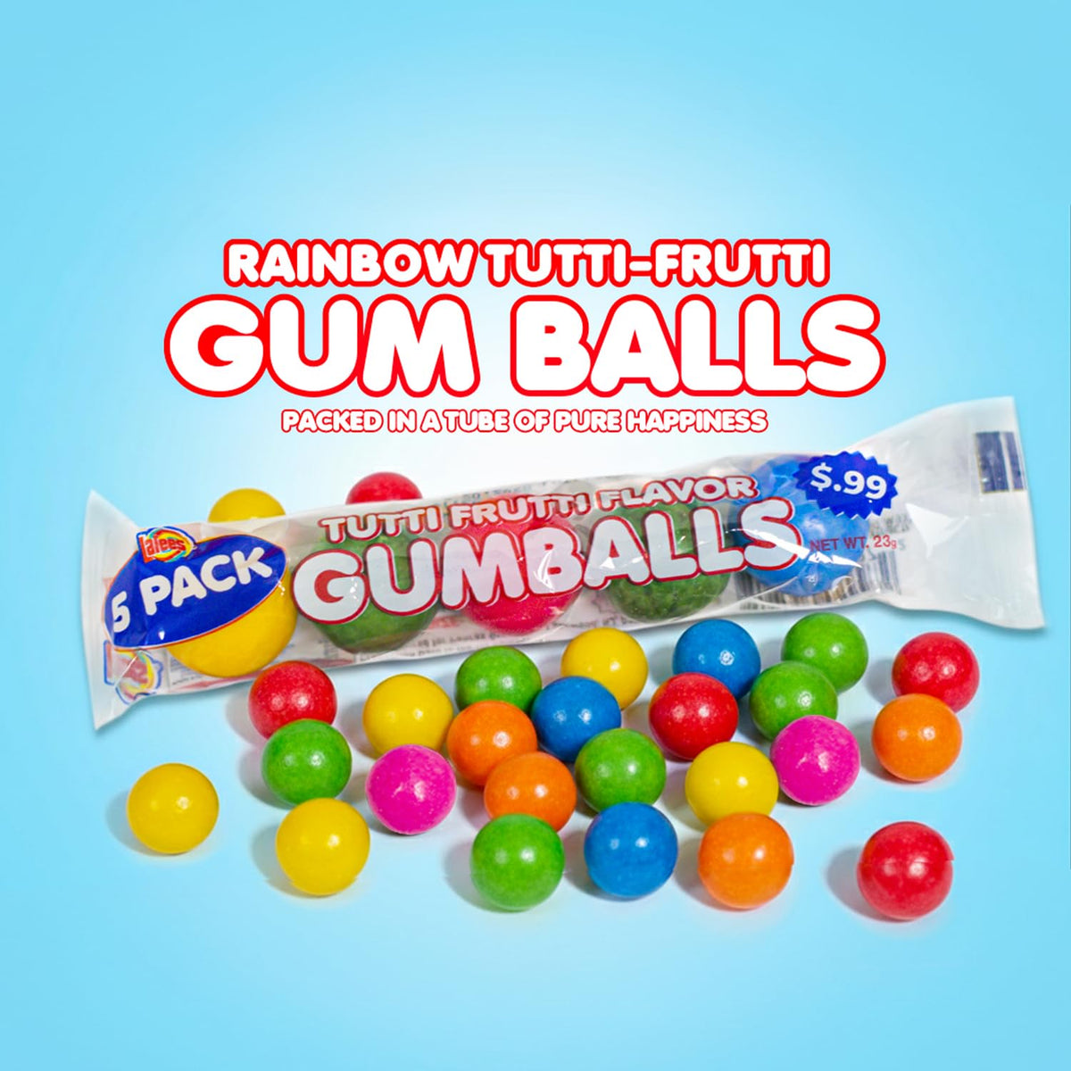 Lalees Bulk Gumballs – No Artificial Dyes, 30 Tubes, Rainbow Tutti Frutti Flavors