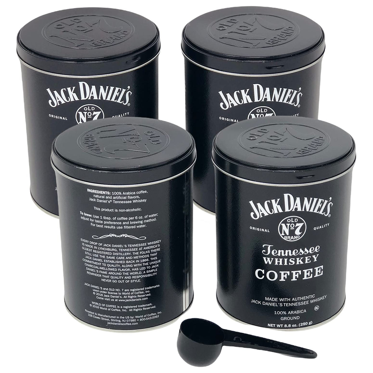 Jack Daniels Coffee 4-Pack by Lara's Gourmet Passions — 100% Arabica, Medium Roast, Ground, Kosher, Includes Measuring Spoon