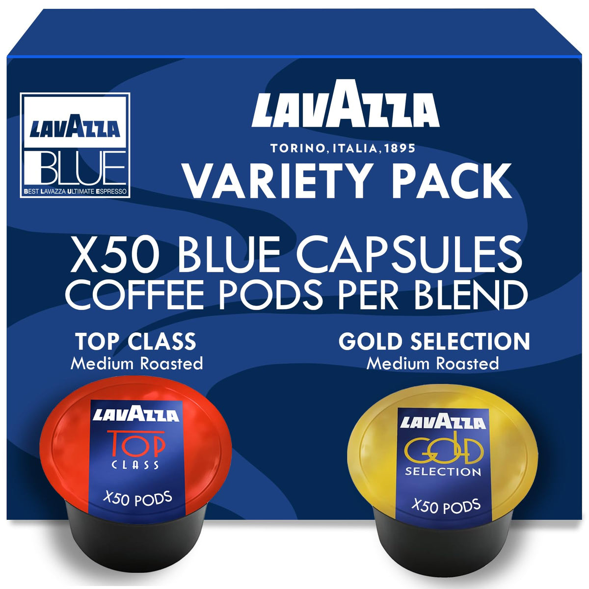 Lavazza Blue Capsules Variety Pack – 100 Pods (2 x 50) Top Class & Gold Selection Medium Roast Espresso