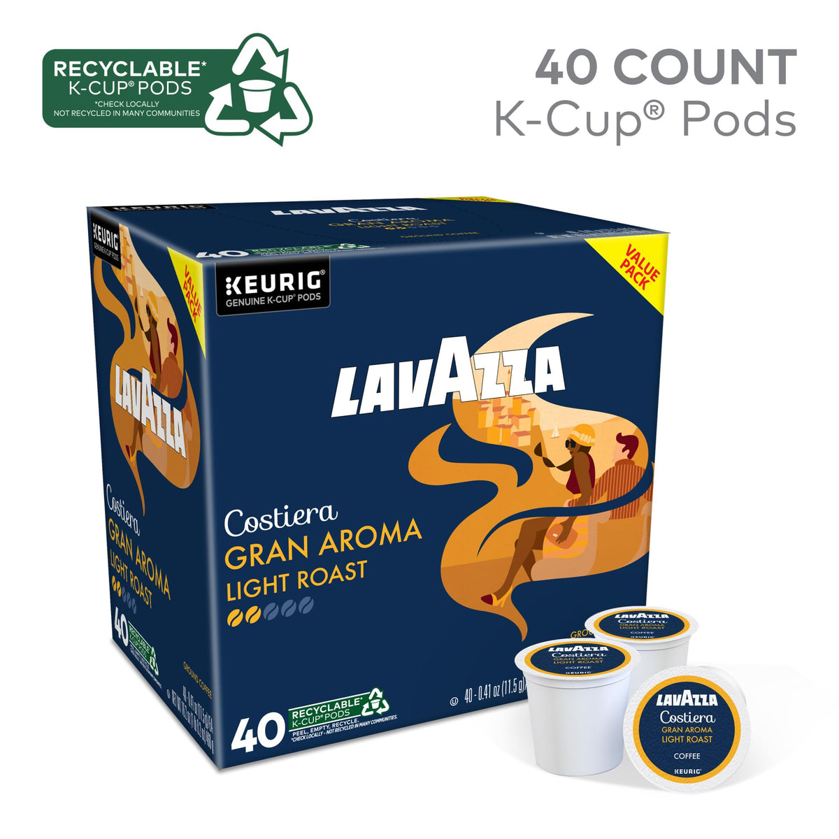 Lavazza Costiera Gran Aroma K-Cup Pods – Light Roast Coffee, Kosher, 40-Count Box