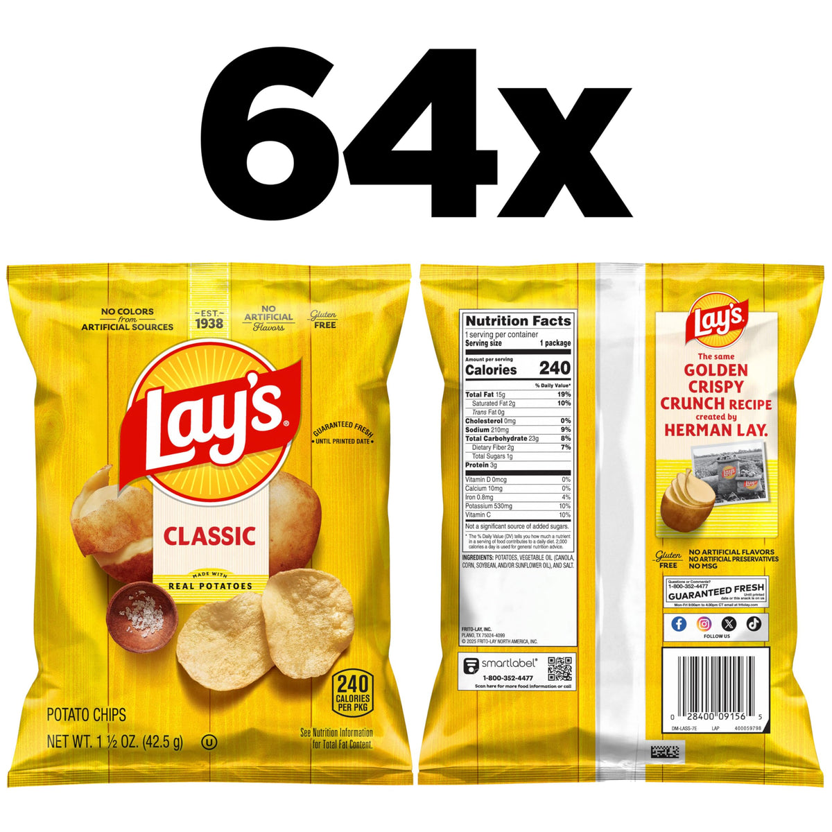 Lay's Classic Potato Chips — 64 Pack (1.5 oz Bags) | Gluten Free, Trans Fat Free