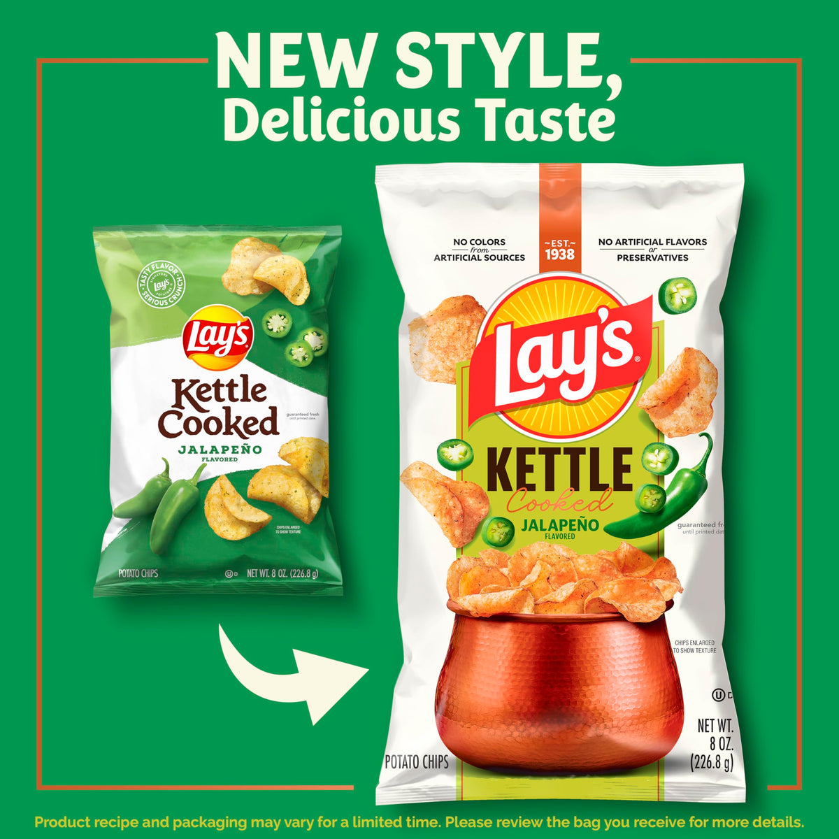 Lay's Kettle Cooked Jalapeño Potato Chips – Pack of 40, 0.85 oz Bags