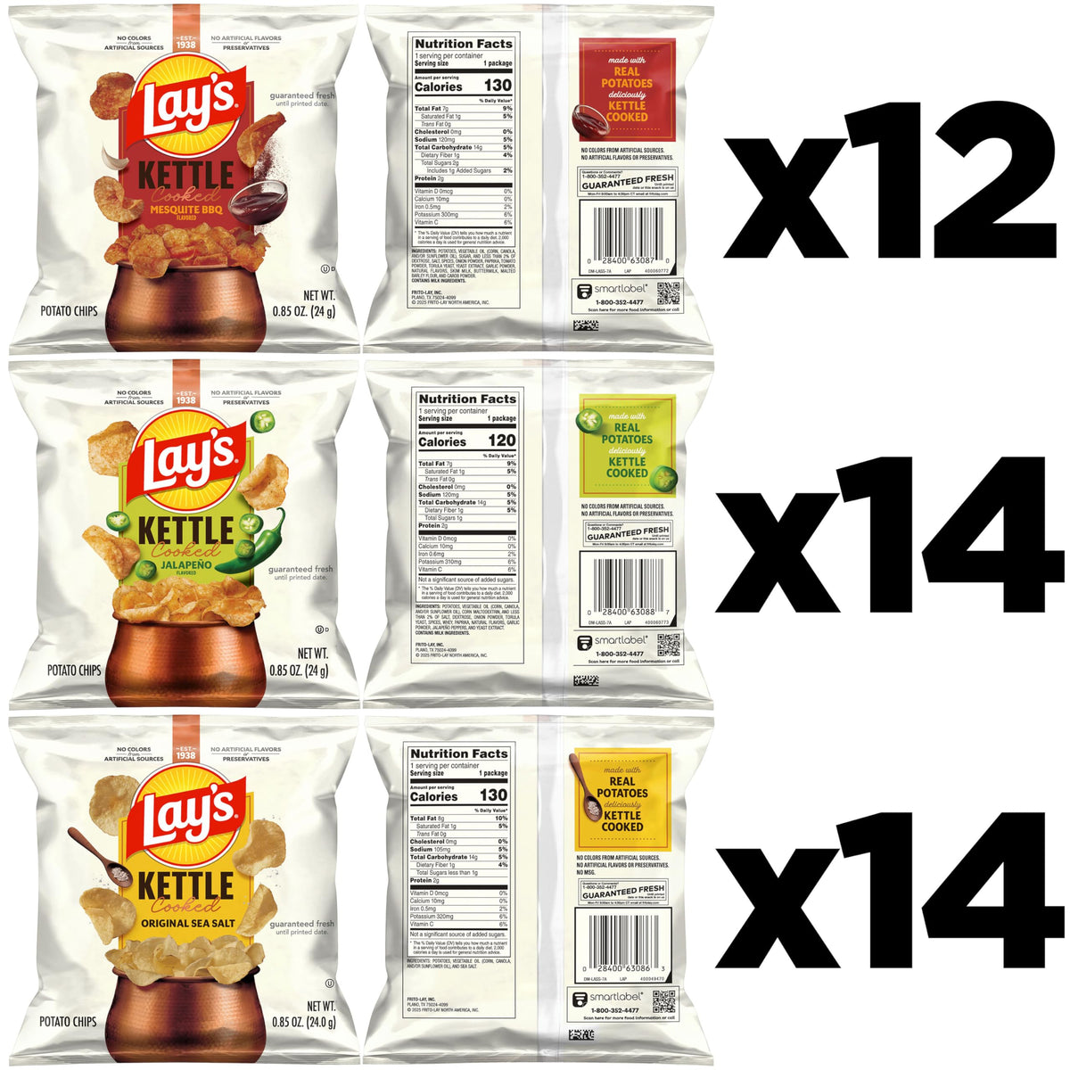Lay's Kettle Cooked Potato Chips Variety Pack, 0.85 oz Each, Pack of 40