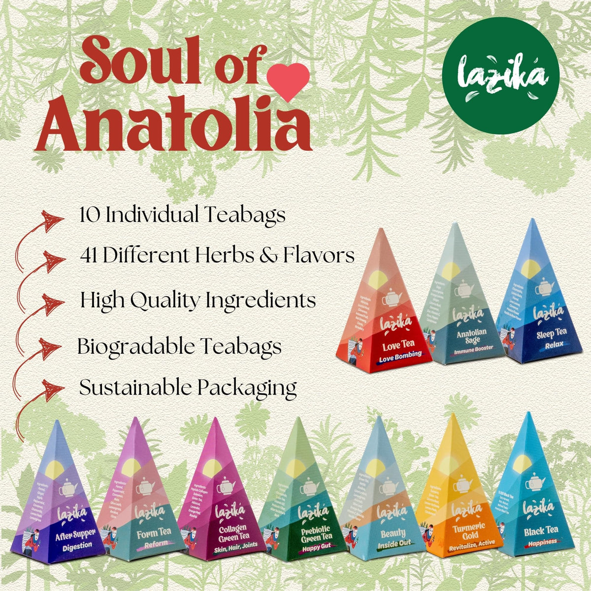 LAZIKA Tea Sampler Gift Set – 20 Pyramid Bags, Four of Each Blend (Black, Green & Herbal)